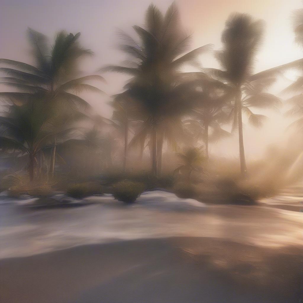 A serene beach scene with palm trees silhouetted against the rising sun, creating a tranquil setting for a desktop wallpaper.