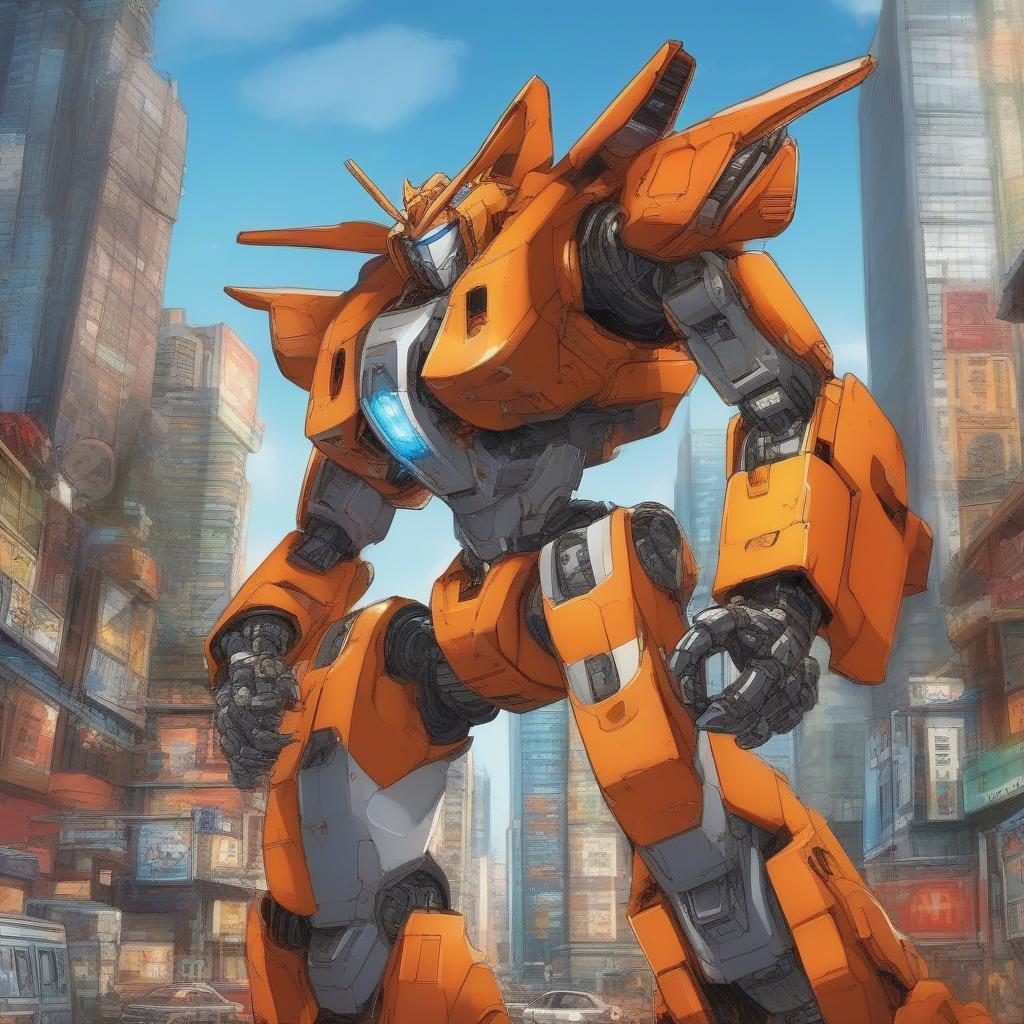 In a bustling city square, the heat of battle is palpable as a towering mecha robot stands ready for action. Its vibrant orange eyes gleam with intensity and mechanical prowess. The sharp teeth in its mouth hint at the power contained within this formidable machine. Despite the chaos around it, the robot's focus remains unwavering on an unseen enemy, embodying a spirit of defense and protection.