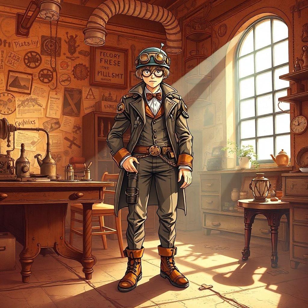 Dyk ner i steampunkens värld med denna fängslande tapet som visar en forskare i ett rörigt laboratorium. De intrikata detaljerna i hans kostym och den mystiska atmosfären kommer att transportera dig till en svunnen tid.