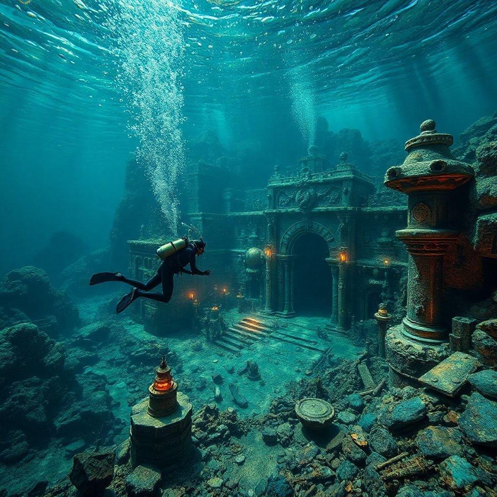 Un buceador explora antiguas ruinas bajo las olas del océano, iluminadas por el brillo místico de una linterna hundida. Este impresionante paisaje submarino ofrece una ventana a una historia de otro modo olvidada.