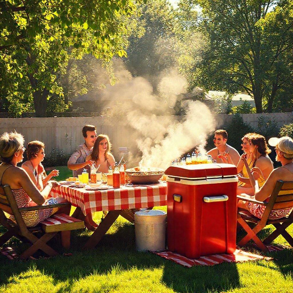 People enjoying a casual outdoor barbecue on a sunny day, sharing food and conversation at the picnic table.