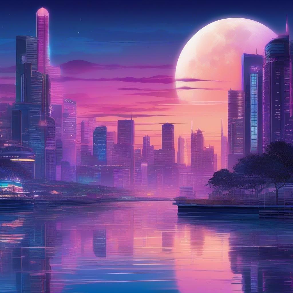 Experience the vibrant world of anime with this stunning cityscape wallpaper, featuring a futuristic metropolis at dusk with a serene lake and bustling city, all set against a backdrop of blues and purples.