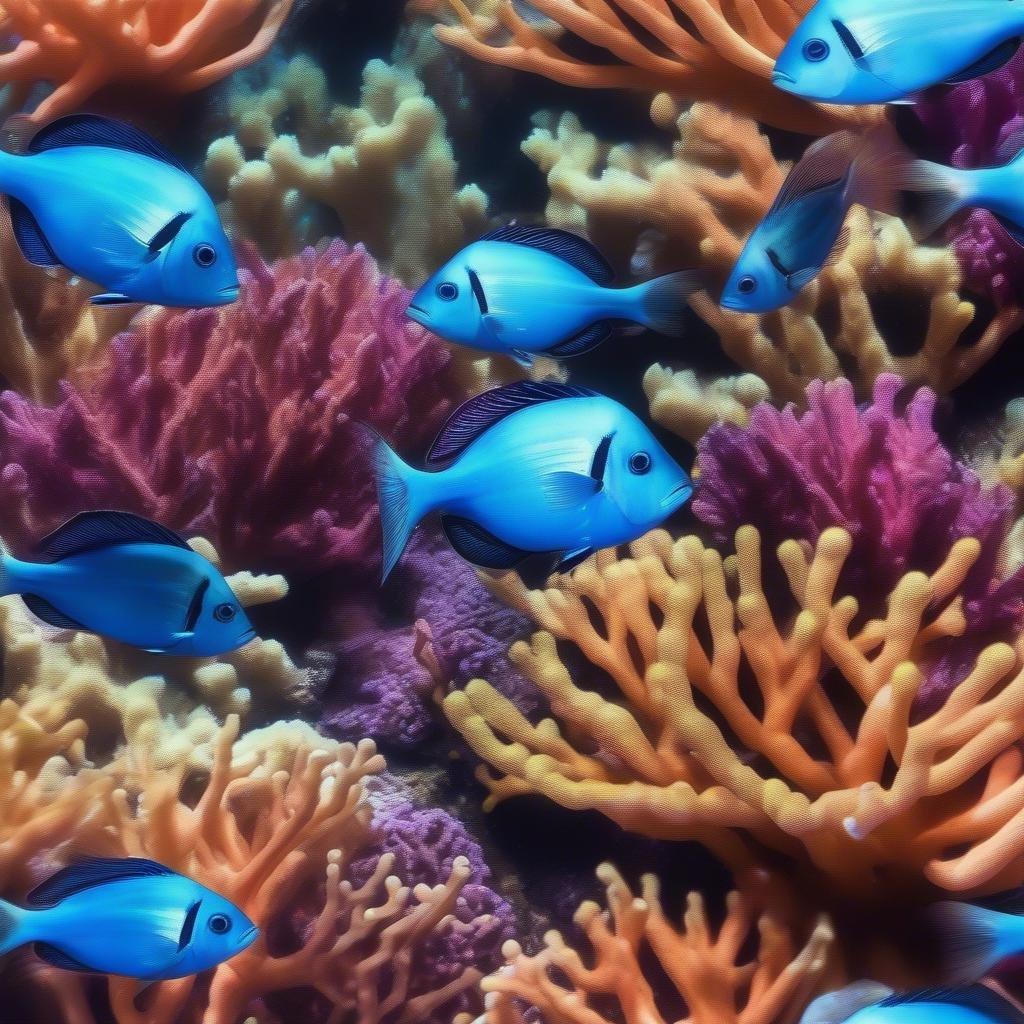 Dive into the beauty of the ocean with this stunning wallpaper featuring a school of blue fish swimming among coral reefs.