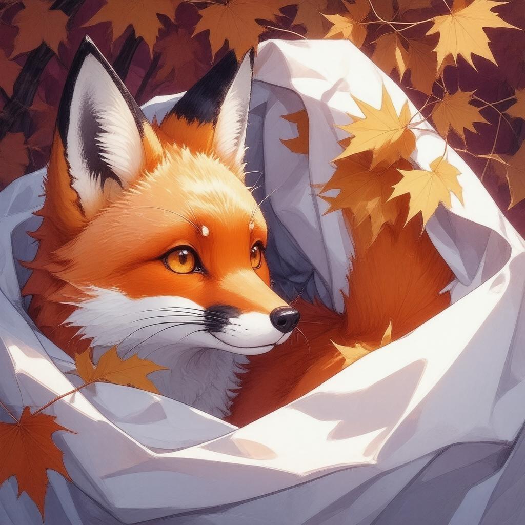 Diese Anime-Illustration zeigt einen Fuchs, der hinter einem Schleier aus Herbstblättern hervorschaut, vor einem tiefen lila Hintergrund. Das lebendige orange und gelbe Fell des Fuchses fügt einen Farbtupfer hinzu, während sein seitlicher Blick der Szene Geheimnis verleiht.