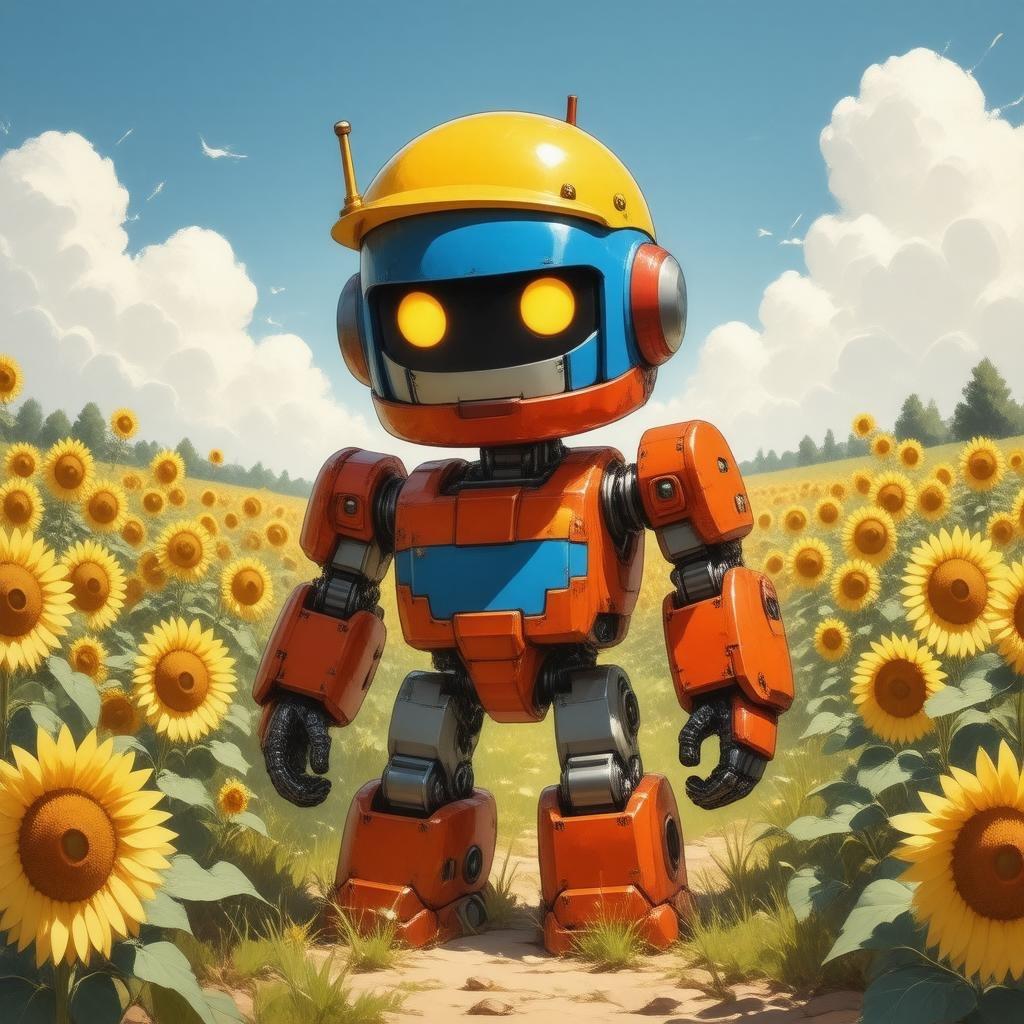 A captivating anime illustration of a robot standing tall in a field of sunflowers, with a menacing gaze and colorful armor, set against a serene blue sky with fluffy white clouds.