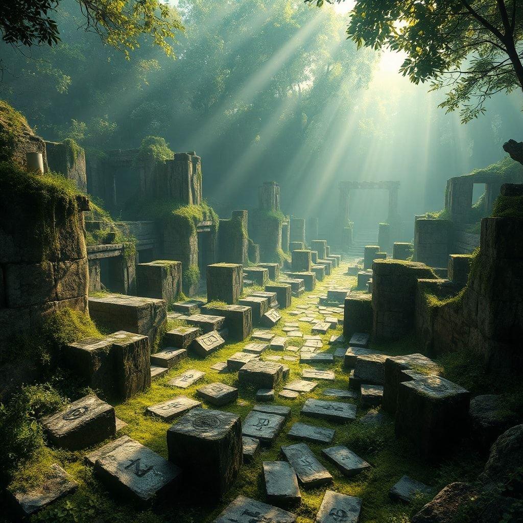 Explore the mysterious lost city path in this fantastical scene. Walk on a trail flanked by crumbling stone structures and be awestruck by the light filtering through the dense foliage.