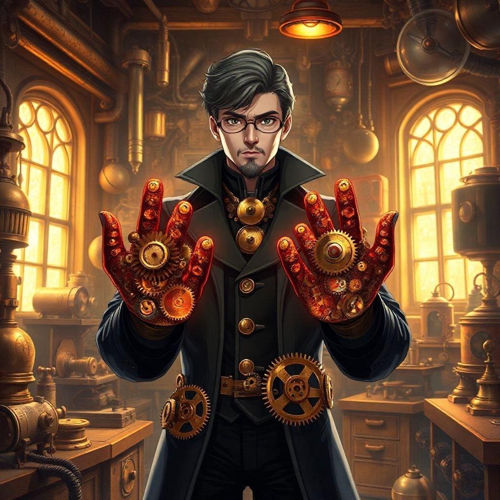 Bereiten Sie sich darauf vor, von diesem steampunk-inspirierten Wallpaper mit einem brillanten Erfinder, umgeben von komplizierten Zahnrädern und Rädern, fasziniert zu sein. Perfekt für Anime-Fans und Steampunk-Enthusiasten, wird dieses Wallpaper Sie sicher in eine Welt der Vorstellungskraft und Innovation transportieren.