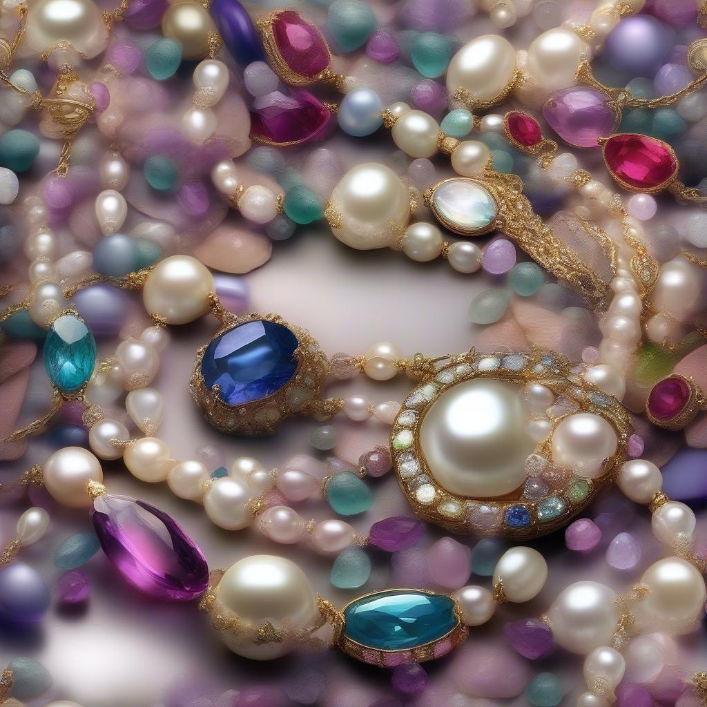 A luxurious display of multi-colored pearls, rubies, and sapphires, crafted into a mesmerizing jewelry collection. A symbol of elegance and opulence.