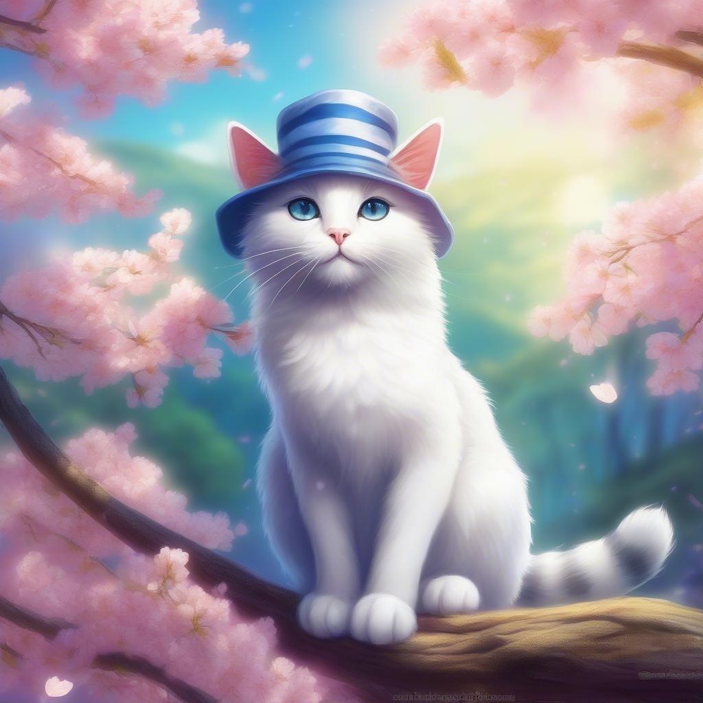 A whimsical anime illustration of a mystic cat adorned with a striped hat. This charming feline is perched on the branch of a cherry blossom tree, exuding an air of mystery. Surrounded by a vibrant forest bustling with life and color, the central figure seems to be the star of a serene landscape that beautifully complements the scene. The harmonious interaction between the cat, nature, and the artistic style makes for a captivating desktop wallpaper.