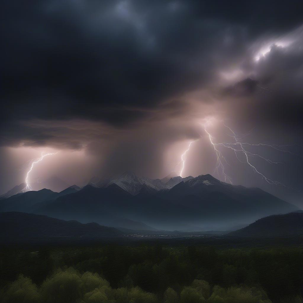 A dramatic scene with towering clouds, lightning strikes, and a dark sky over mountain peaks. This image could be used as wallpaper for a desktop or mobile device in the 'Landscapes' category.