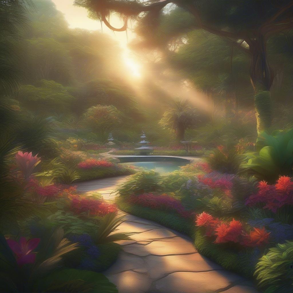 Step into a world of peace and tranquility with this stunning landscape wallpaper. The winding path, tranquil pool, and lush greenery create a sense of calm and serenity, perfect for desktop and mobile use.