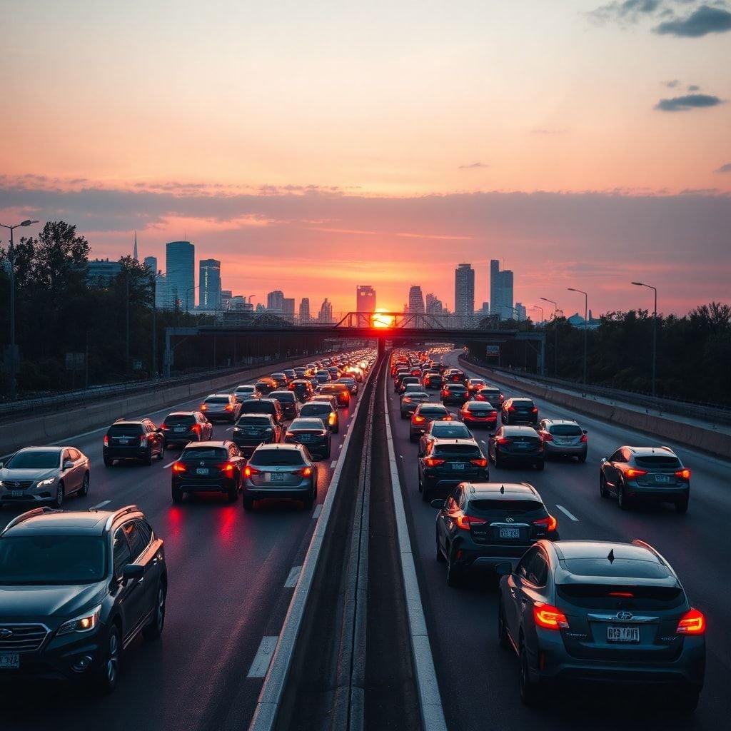 Cars on the highway at dusk, with city lights starting to glow in the distance.