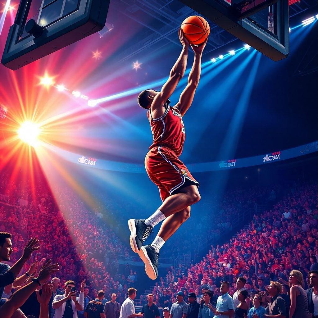 This action-packed wallpaper captures the thrill of an NBA basketball game, with a player in mid-jump, aiming for a basket. The vibrant colors and dynamic composition make it perfect for sports fans.