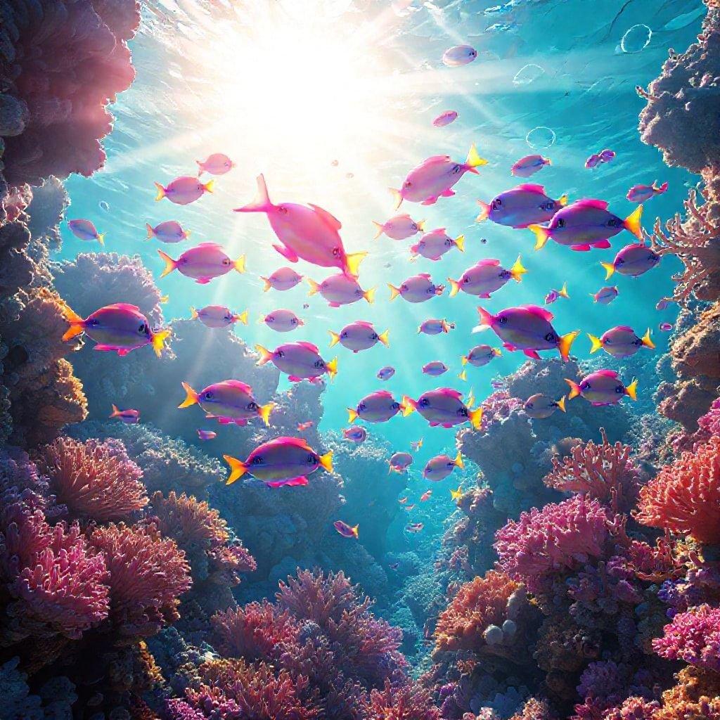 Dive into the beauty of the ocean with this stunning wallpaper featuring a school of fish swimming amidst vibrant coral reefs.