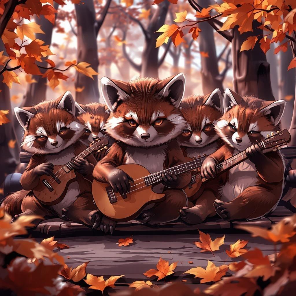 Get ready to be charmed by this adorable anime wallpaper featuring red pandas playing musical instruments in a forest of autumn leaves. The mischievous tanuki's expressive eyes and faces are the focus of this delightful scene, while the blurred background of trees and bright light source add to the sense of movement and mystery.