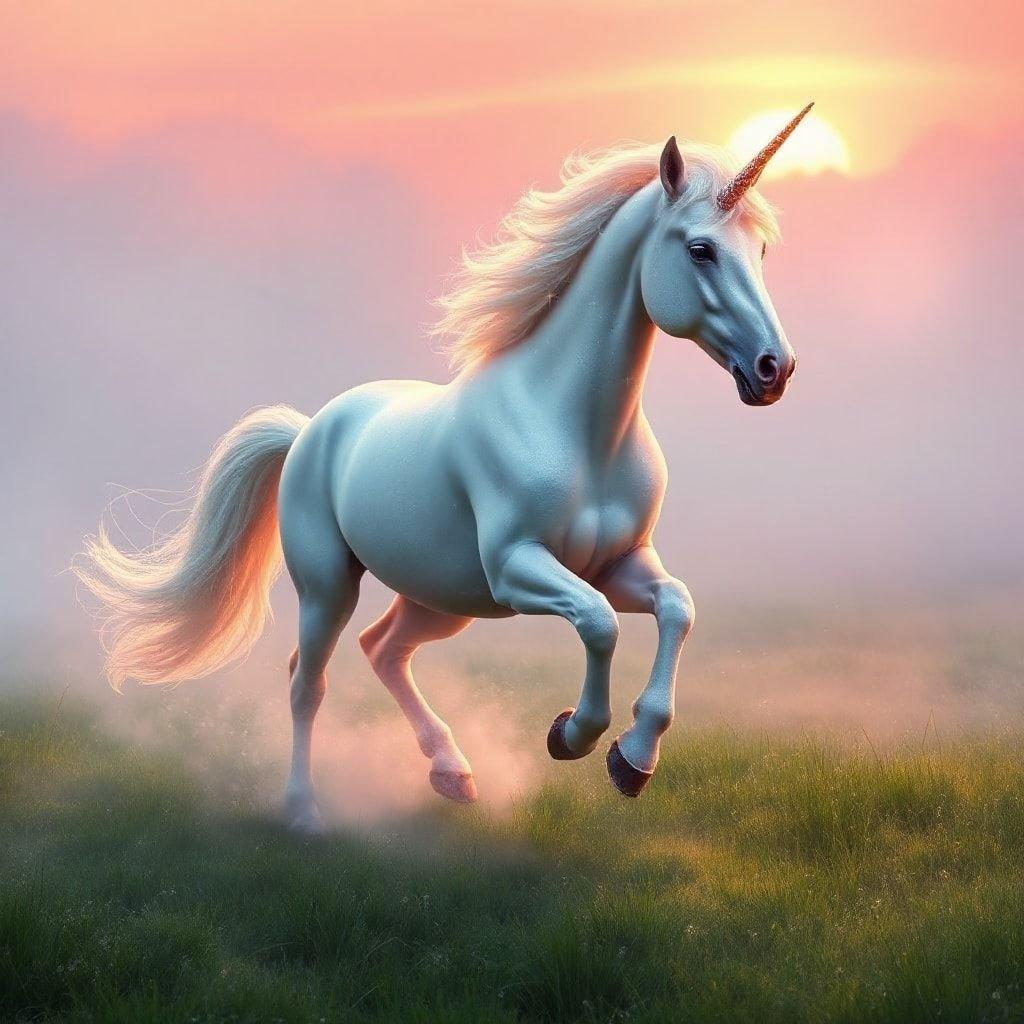 A majestic unicorn gracefully runs through a mystical landscape at sunset, casting a warm glow over the scene.