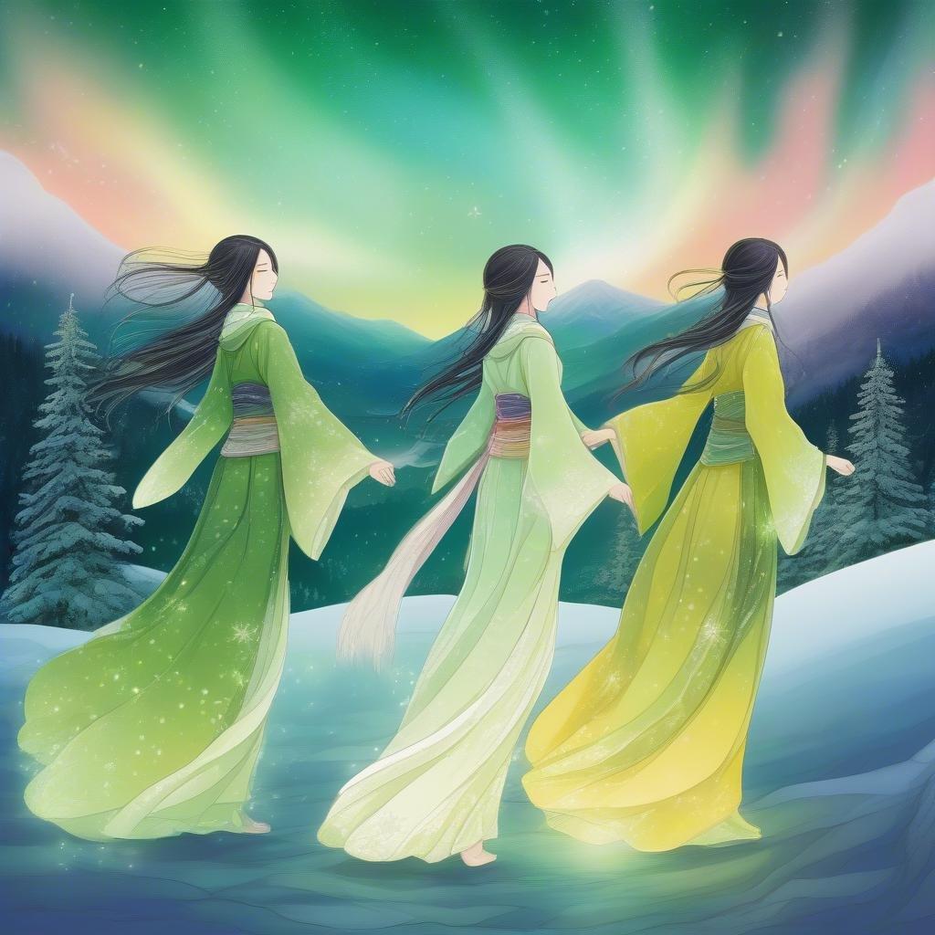 Uma cena harmoniosa sob a aurora boreal, três yuki-onna (donzelas da neve) dançando em seus vibrantes kimonos verdes e amarelos contra uma paisagem nevada.