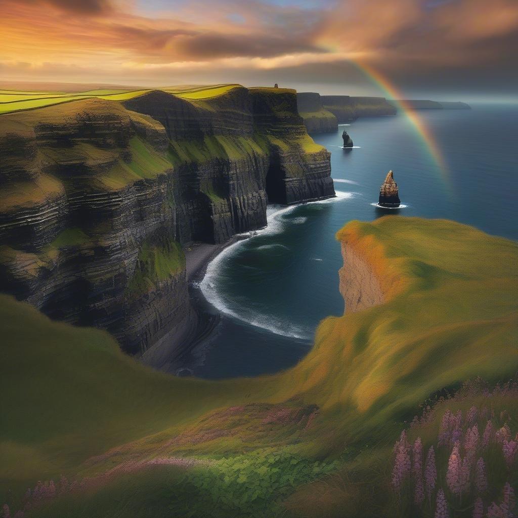 This St. Patrick's Day, immerse yourself in the enchanting landscape of Ireland's Cliffs of Moher. The image captures a serene moment where the cliff edges meet the vibrant ocean waters with a rainbow arching across the sky, adding to the mystical charm.