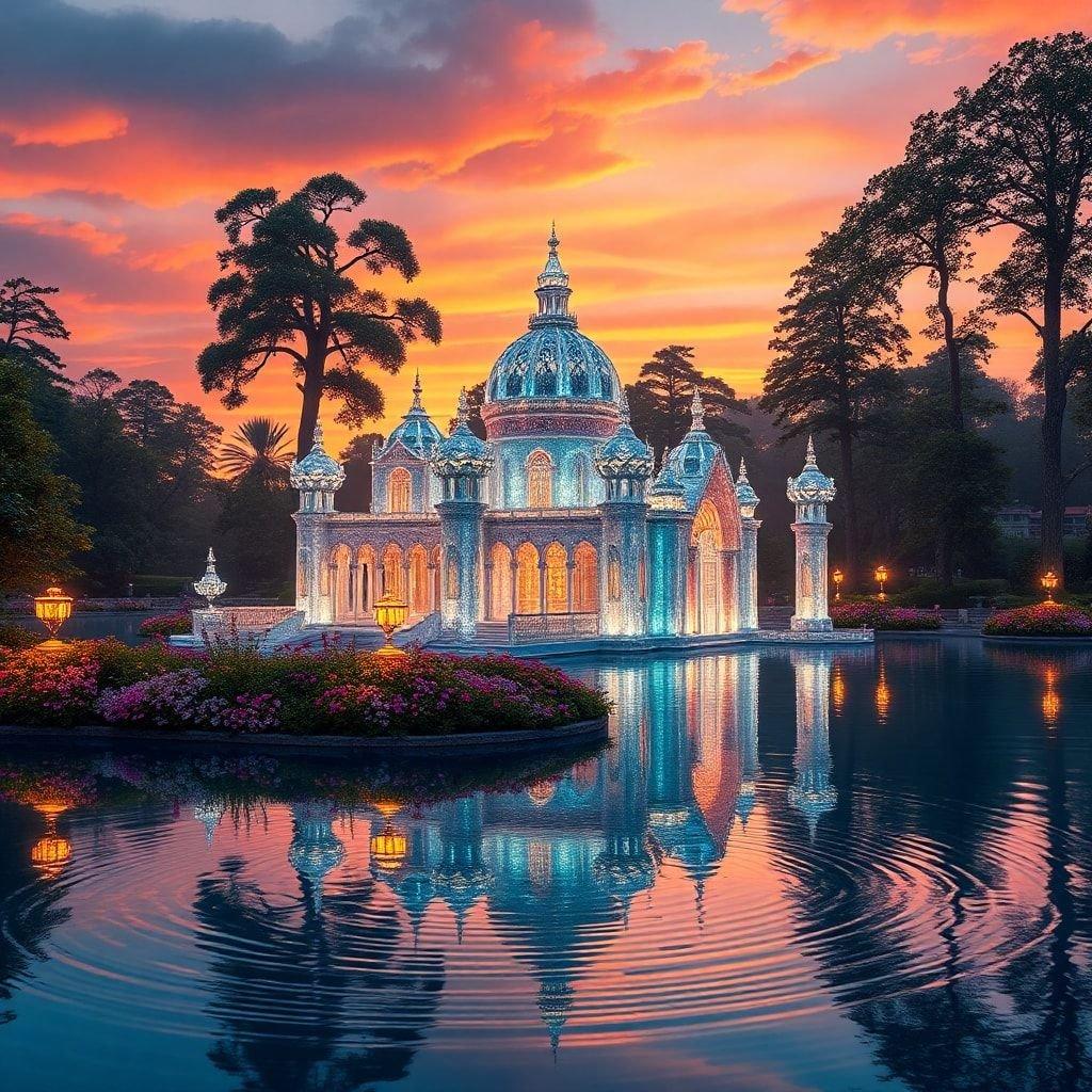 A mystical temple at dusk with the sky awash in hues of orange and pink. The serene scene is bathed in warm light, reflecting off the tranquil water that encircles the structure.