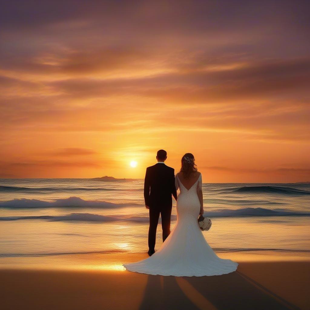 A newlywed couple stands at the ocean's edge, watching the sun set in a beautiful beach wedding ceremony.