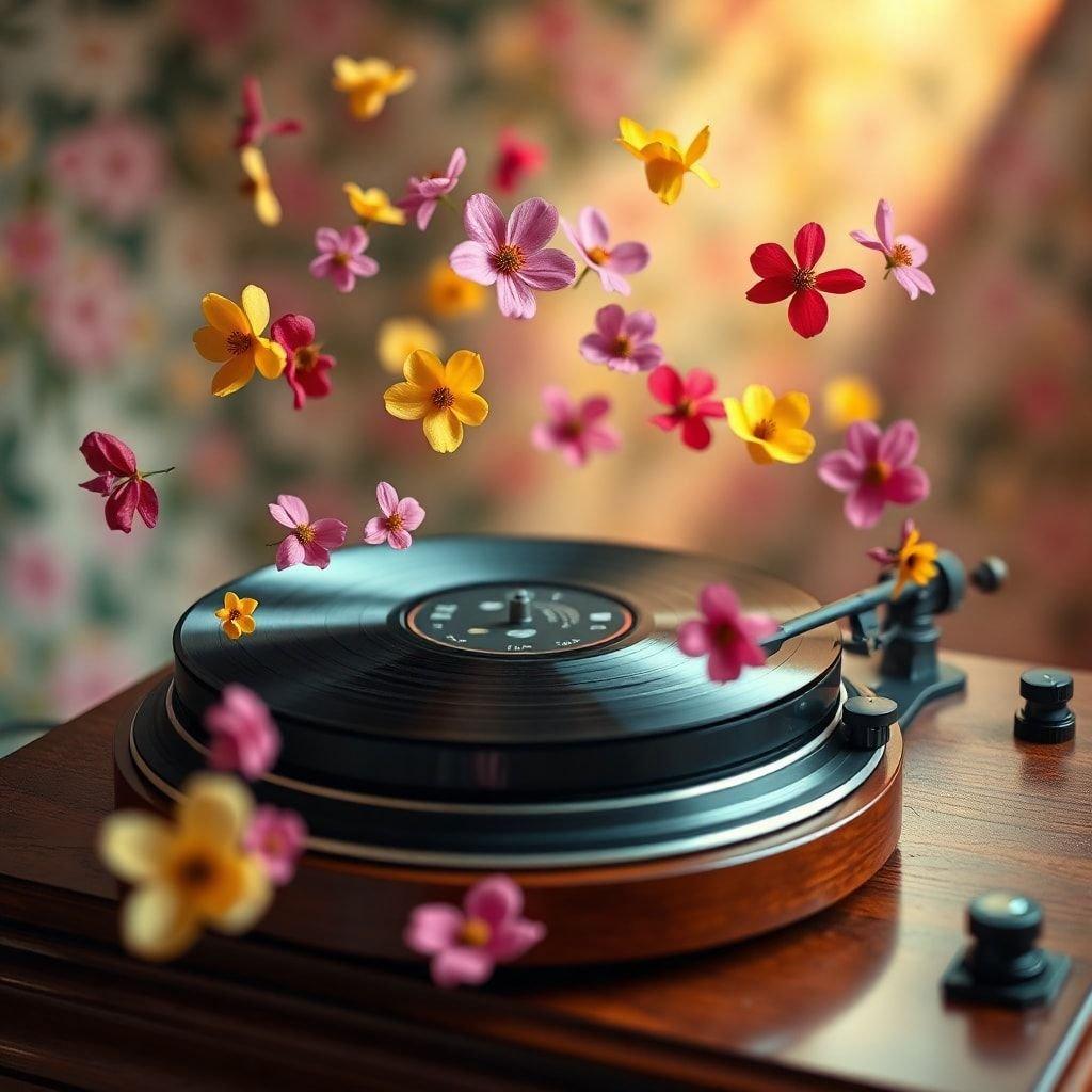 This image is a beautiful representation of the harmony between music and nature. The vinyl record, a symbol of classic music, is surrounded by vibrant flowers, creating a visually stunning and peaceful atmosphere.