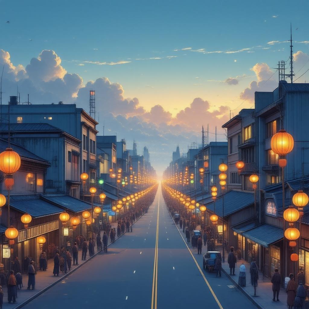 Immerse yourself in the vibrant world of anime with this stunning cityscape wallpaper. The bustling street, adorned with colorful lanterns, creates a lively atmosphere, while the warm orange and yellow lights of the buildings add to the cozy ambiance. The deep blue sky, dotted with a few scattered clouds, completes the serene and captivating scene.