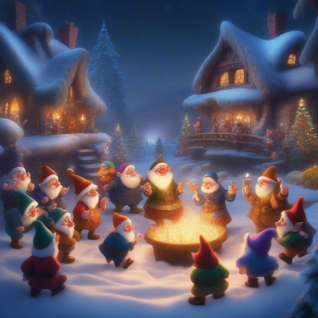 Gathered around a warm fire on the snowy night, the citizens of Arendelle celebrate Christmas with festive cheer. The glowing lights of the village twinkle in the background as they sing carols and toast to the holiday season.