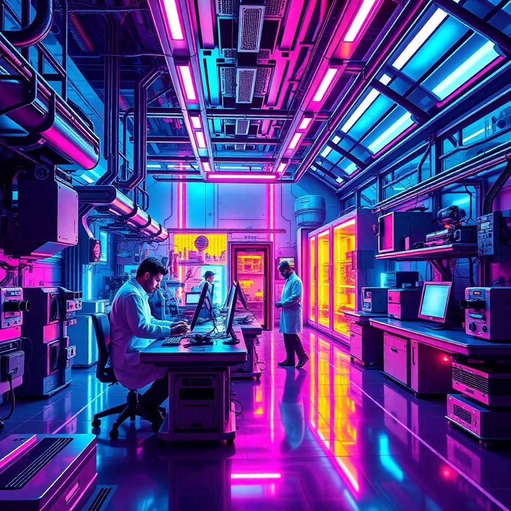 Delve into the digital frontier with a team of cybernetic researchers. This image captures a moment in their high-tech laboratory where cutting-edge gaming and scientific exploration converge.