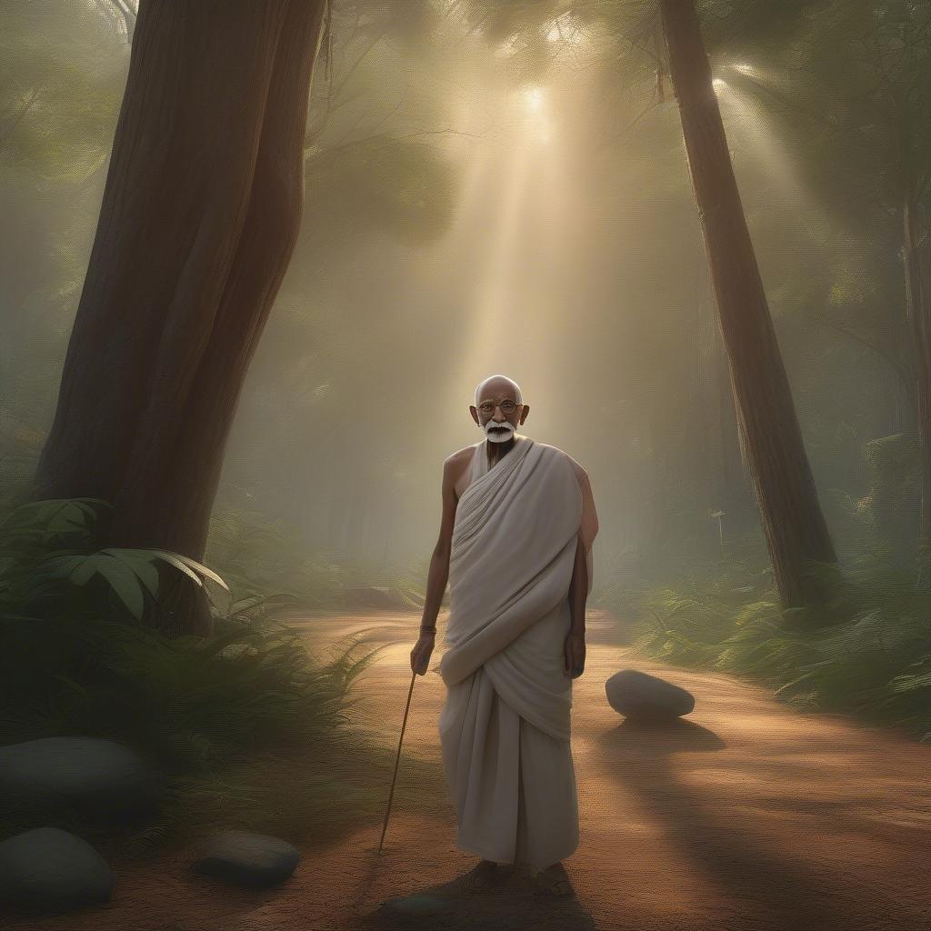 A tranquil scene featuring an elder sage, dressed in traditional saffron robes, as he meanders along a forest path under the soft glow of morning sunlight. The serene setting evokes a sense of calm and wisdom.