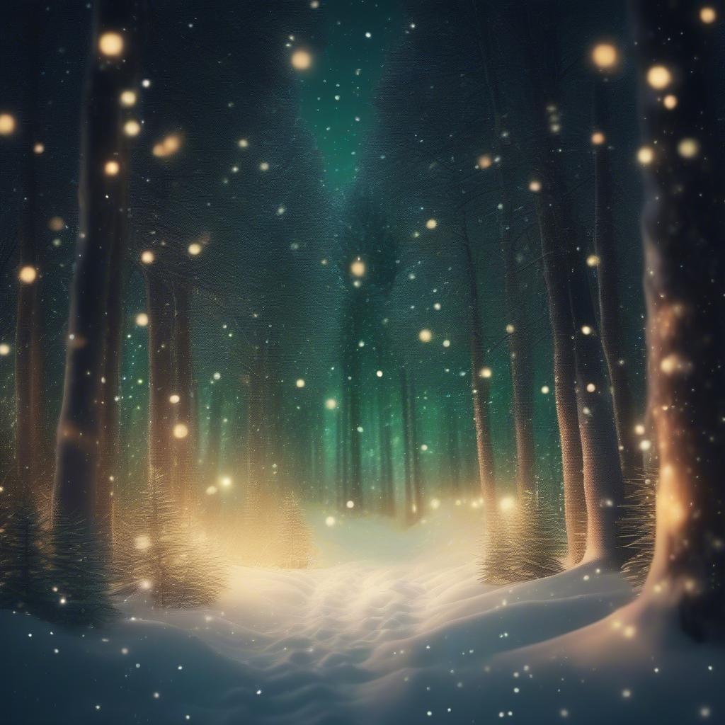 A peaceful Christmas scene in the heart of a snowy forest, with twinkling stars overhead. A perfect desktop background for holiday celebrations.