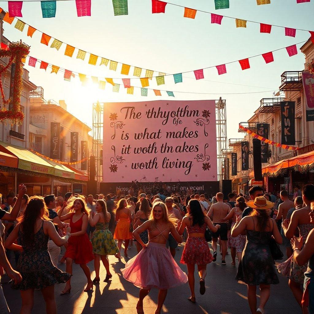 Una escena vibrante en un festival callejero con un gran letrero de citas, pancartas y personas bailando en la calle. La atmósfera es festiva con decoraciones coloridas y un día soleado de fondo.