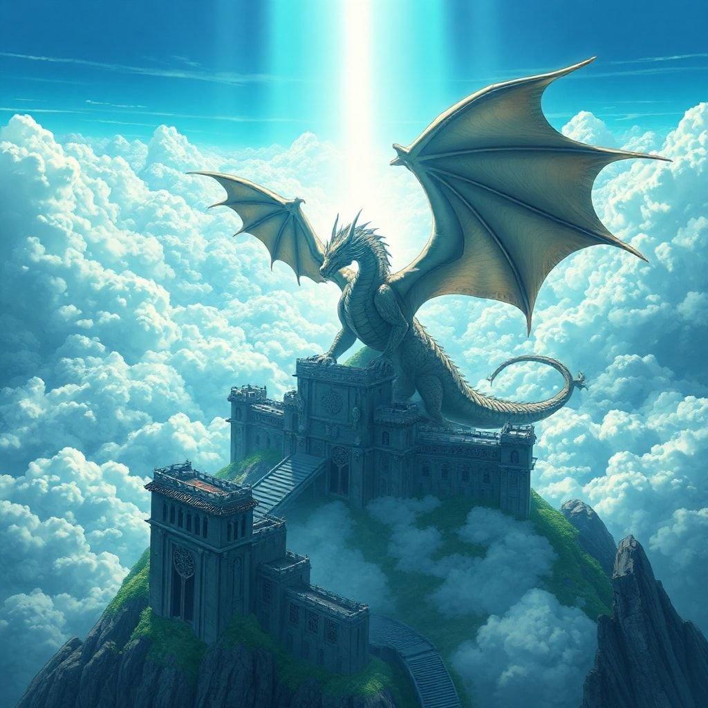 Une illustration de style anime représentant un puissant dragon perché au sommet d'un château, entouré de nuages imposants. L'œuvre est riche en détails et en couleurs, capturant un sentiment de fantasy épique.