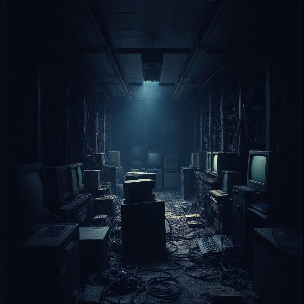 This dark computer room wallpaper is perfect for those who want to add a touch of mystery to their desktop or mobile device. The dimly lit room is filled with rows of computers, creating a sense of intensity and focus.