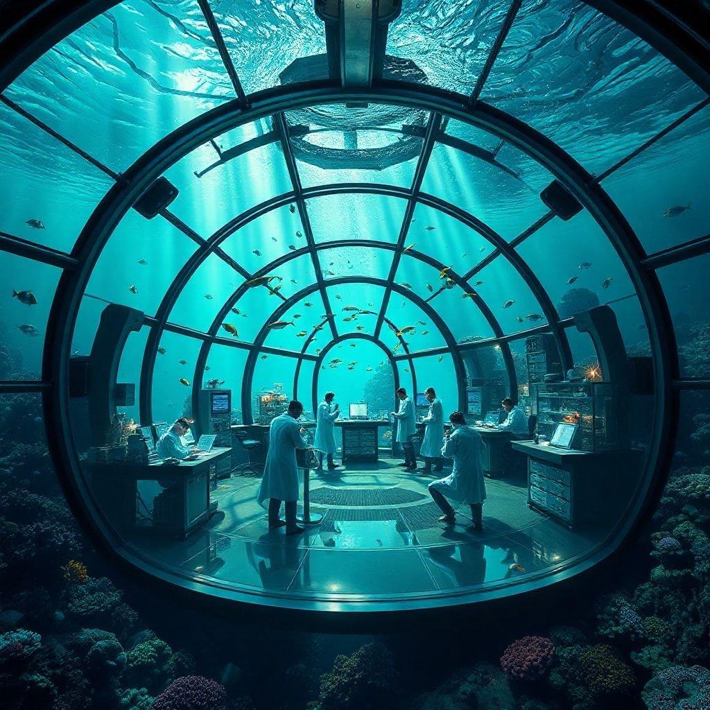 Explore the wonders of the ocean with this stunning underwater laboratory wallpaper. Perfect for desktop and mobile use, this image showcases a team of scientists working together in a state-of-the-art facility surrounded by marine life. The vibrant colors and intricate details make for a captivating visual experience.