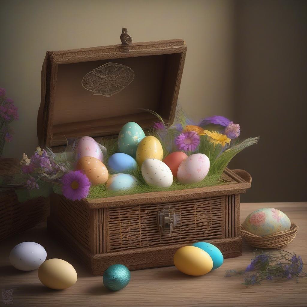 Savor the charm of an Easter tradition, with vibrant eggs peeping out from a woven basket that exudes rustic warmth. Add some floral delight to your celebration.