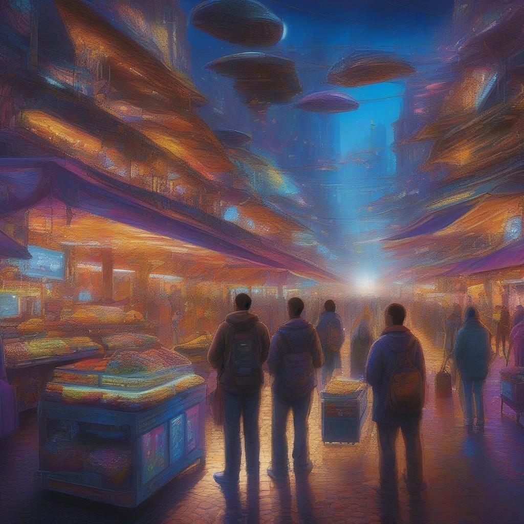 Une scène immersive d'un marché nocturne futuriste illuminé par des néons, grouillant d'activité. Les acheteurs parcourent les allées, éclairées par des néons cyberpunk et des teintes vibrantes des stands de vendeurs.