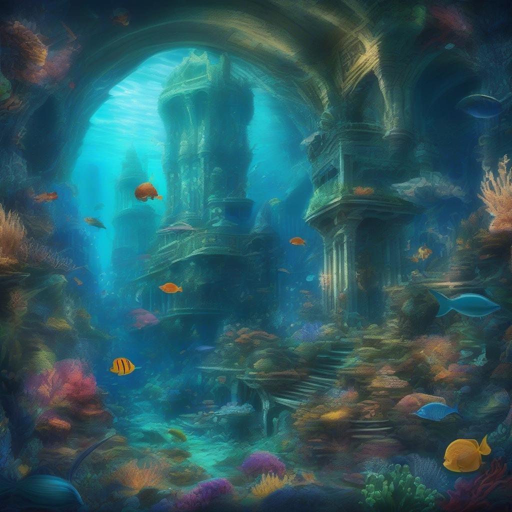 Explore the depths of an enchanting underwater city, alive with vibrant marine life.