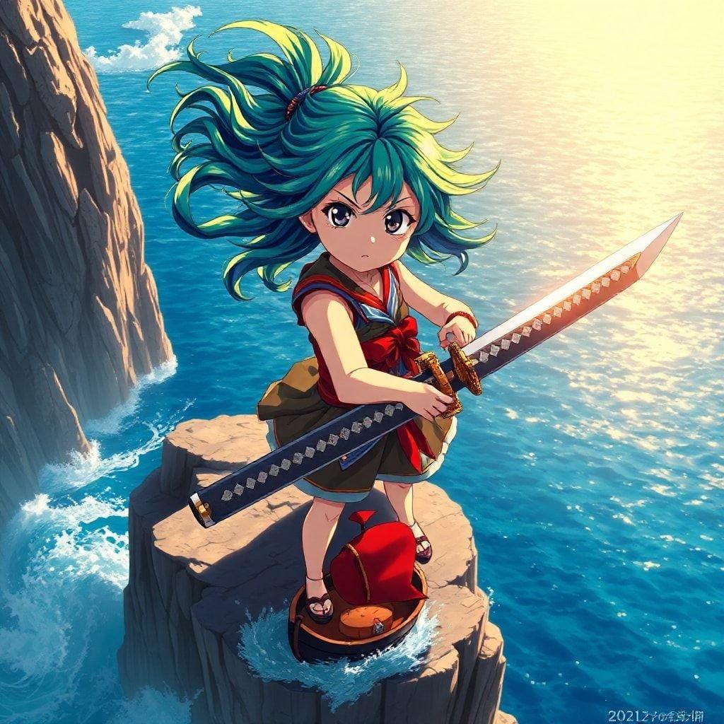 This anime illustration captures a young girl standing on a rocky cliff, gazing out at the vast ocean. Her vibrant green and blue hair adds a pop of color to the scene, while her determined expression and large katana evoke a sense of adventure and bravery. The whimsical touch of the small boat with a red hat adds a playful element to the image.