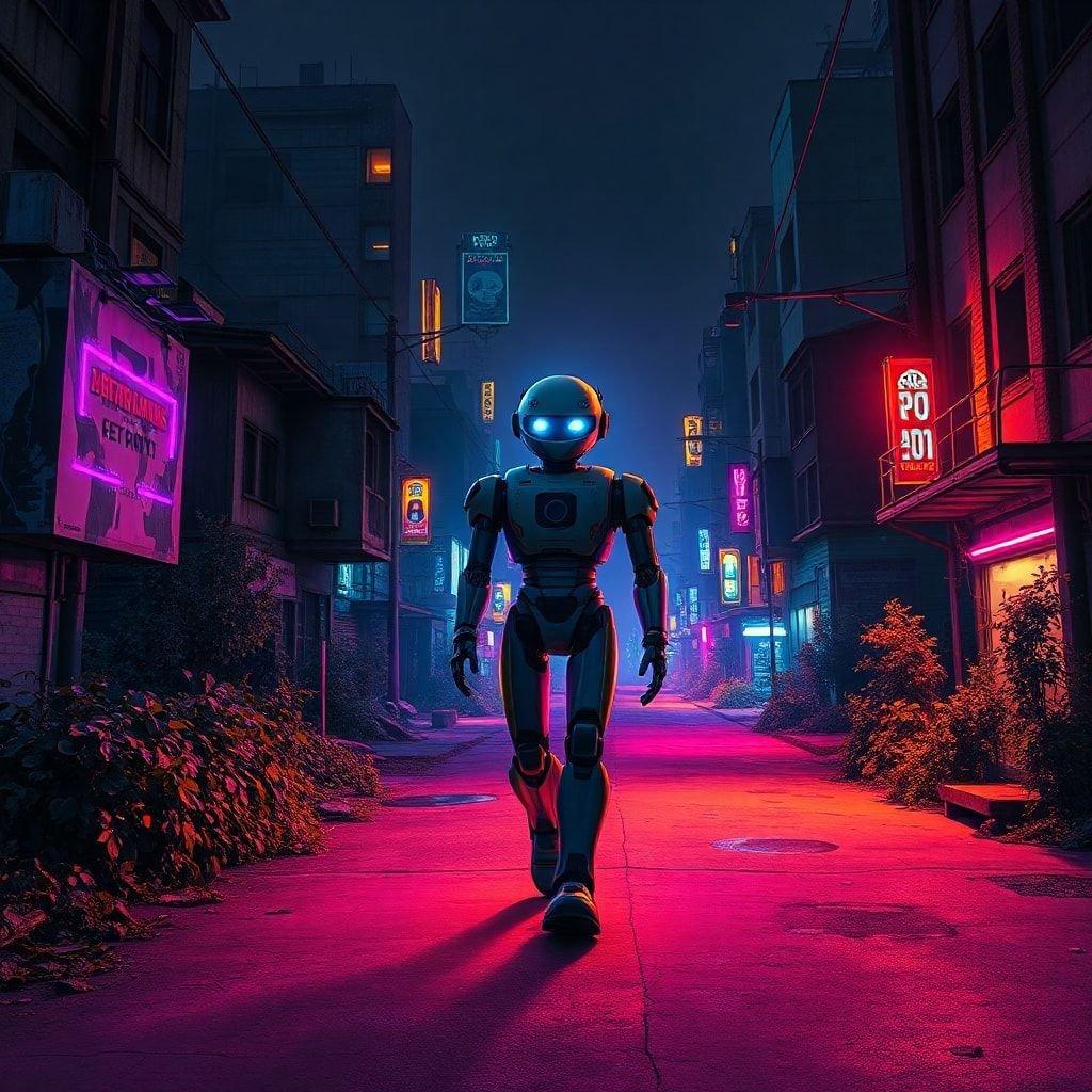 A robot navigates through a vibrant neon-lit street at night, showcasing futuristic city elements.