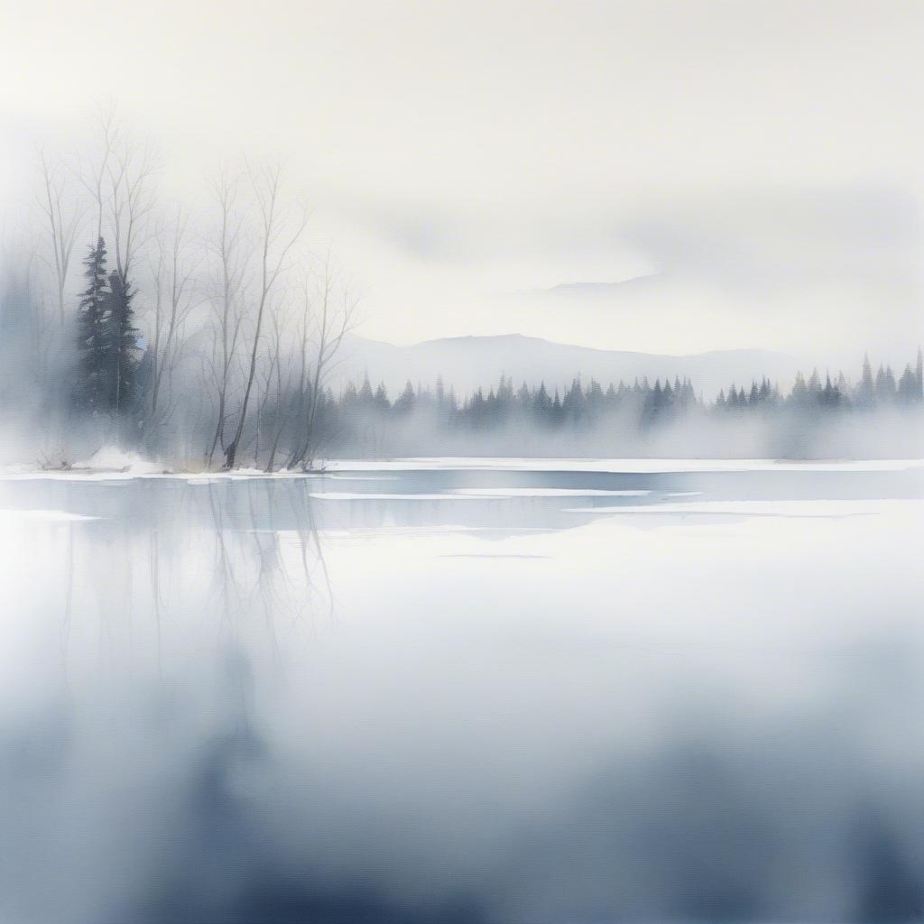 A tranquil winter scene with mist rising from the still water, surrounded by a dense forest.