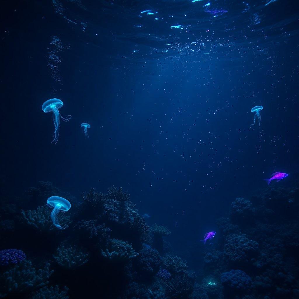 Esta cautivadora escena submarina presenta una impresionante variedad de vida marina, incluyendo medusas y peces, ambientada en un fondo de arrecifes de coral y corrientes oceánicas. La imagen es perfecta para aquellos que aman el océano y quieren llevar un toque del mar a su vida diaria.