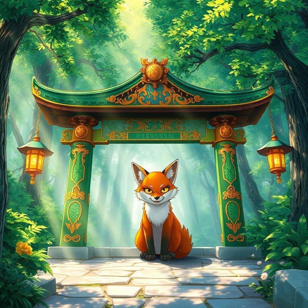 Immerse yourself in the vibrant world of anime with this stunning wallpaper featuring a majestic shrine, a wise-looking fox, and a mystical forest backdrop.