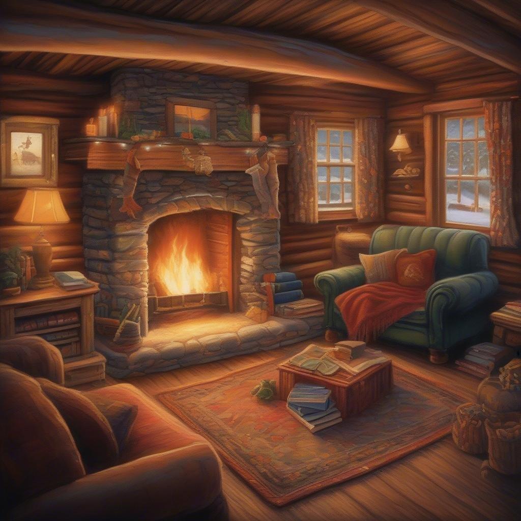 This image captures the serene beauty of a winter cabin nestled in the snow-covered woods. The warm glow of the fireplace and the soft light of the lamps create a cozy atmosphere, inviting you to snuggle up with a good book and a cup of hot cocoa. The snow-covered trees outside add a touch of magic to the scene, making it the perfect winter wonderland.