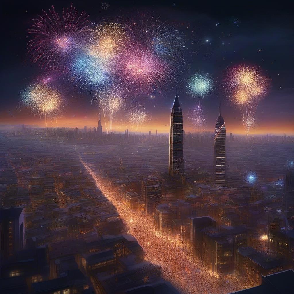 Bright lights illuminate the city streets, with tall buildings reaching into a twilight sky. The sound of cheering crowds fills the air as fireworks explode in a spectacular display over the cityscape.