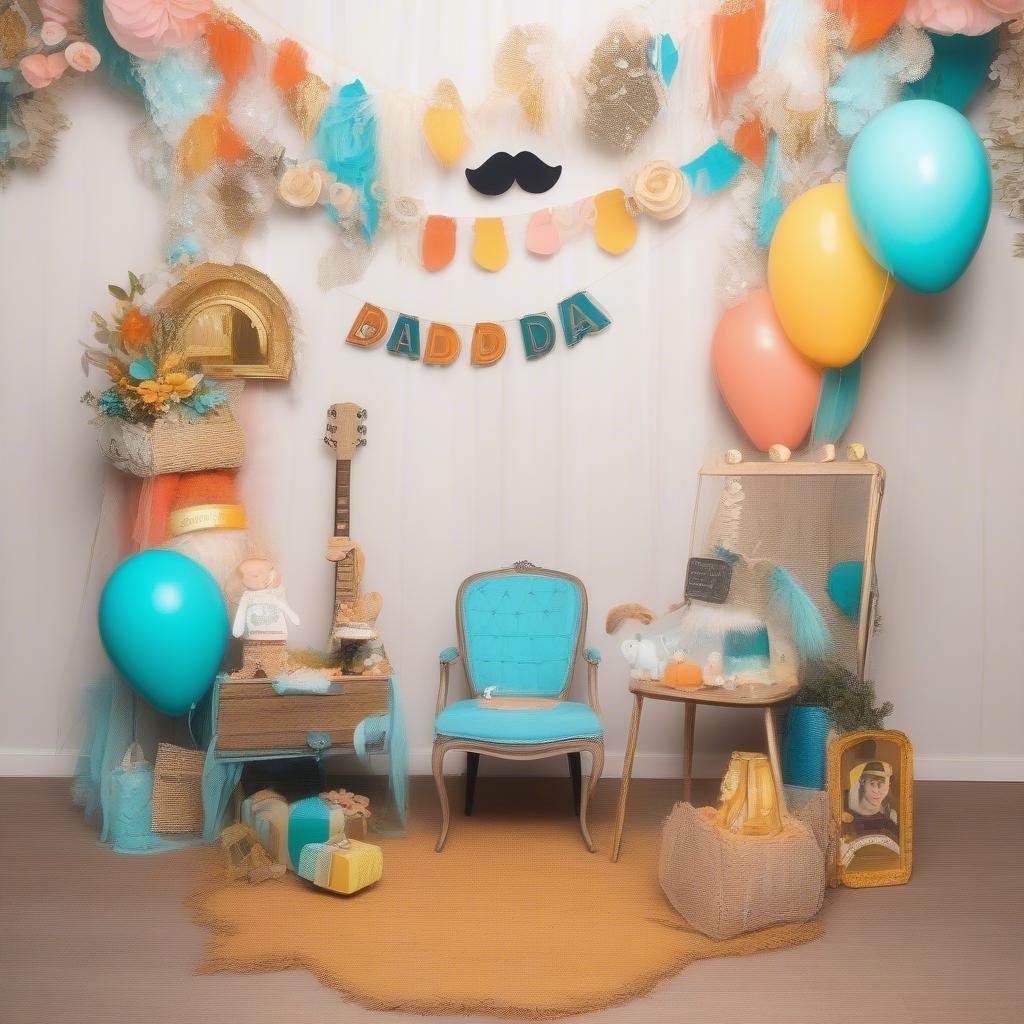 A cozy Father's Day scene with a rocking guitar, colorful balloons, and festive decorations.