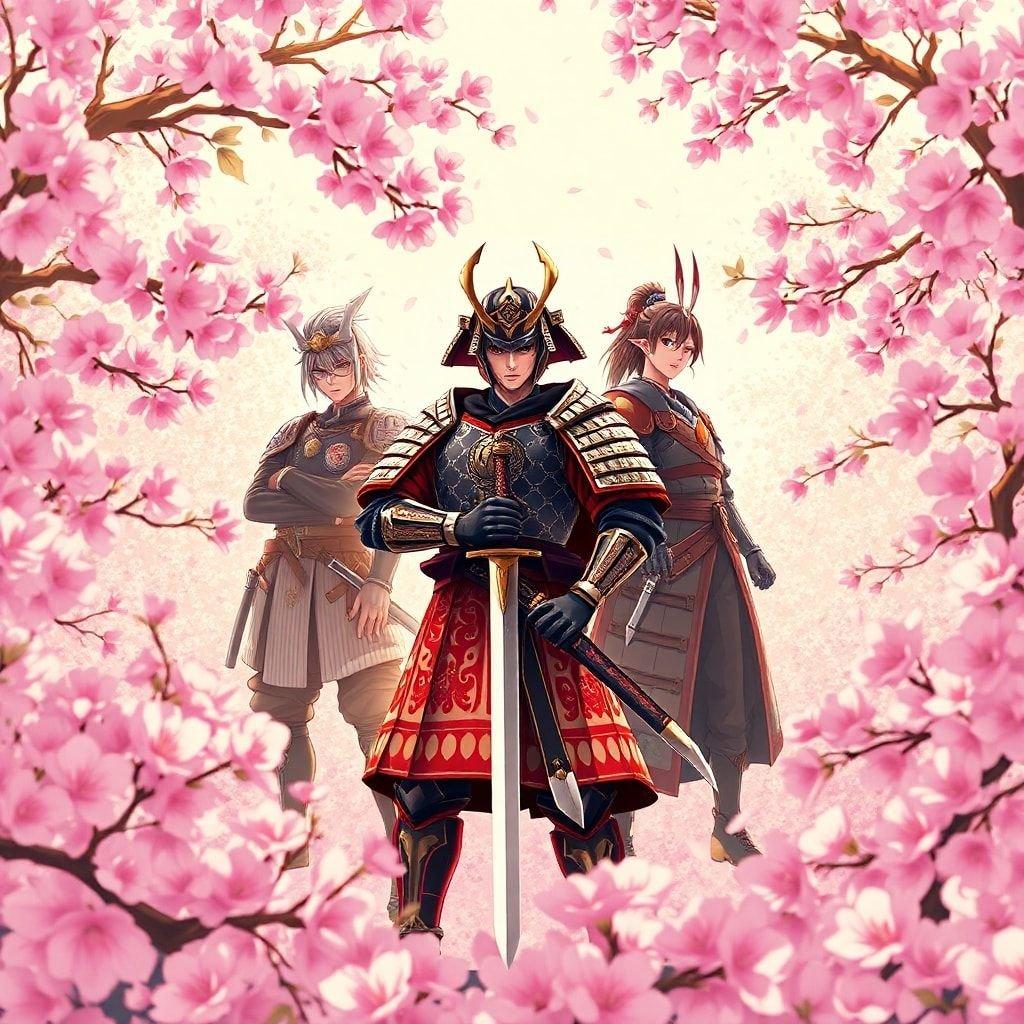 Este impresionante fondo de pantalla de estilo anime muestra a un grupo de guerreros samurai de pie con orgullo sobre árboles de cerezos, ambientado en un fondo cálido y caprichoso.