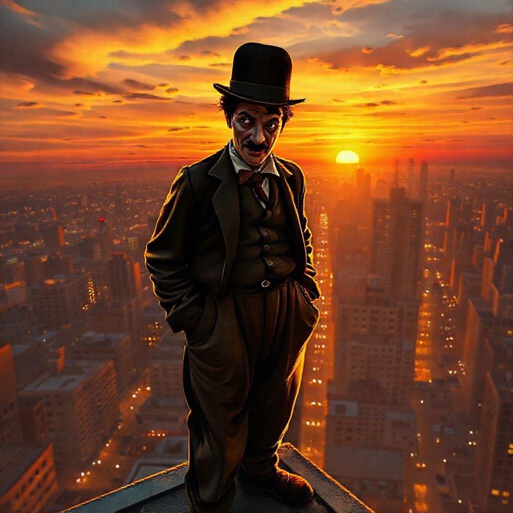 A stunning image of Charlie Chaplin standing on the edge of a building, overlooking a cityscape at sunset. The man is dressed in a suit and top hat, adding a touch of elegance to the scene. The cityscape below is bustling with activity, and the sunset casts a warm glow over the entire scene.