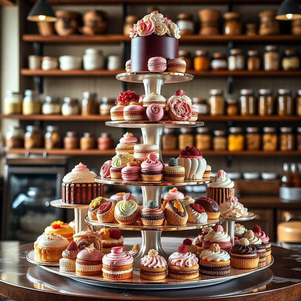 A delightful dessert display featuring various cakes and pastries, sure to tempt anyone with a sweet tooth.