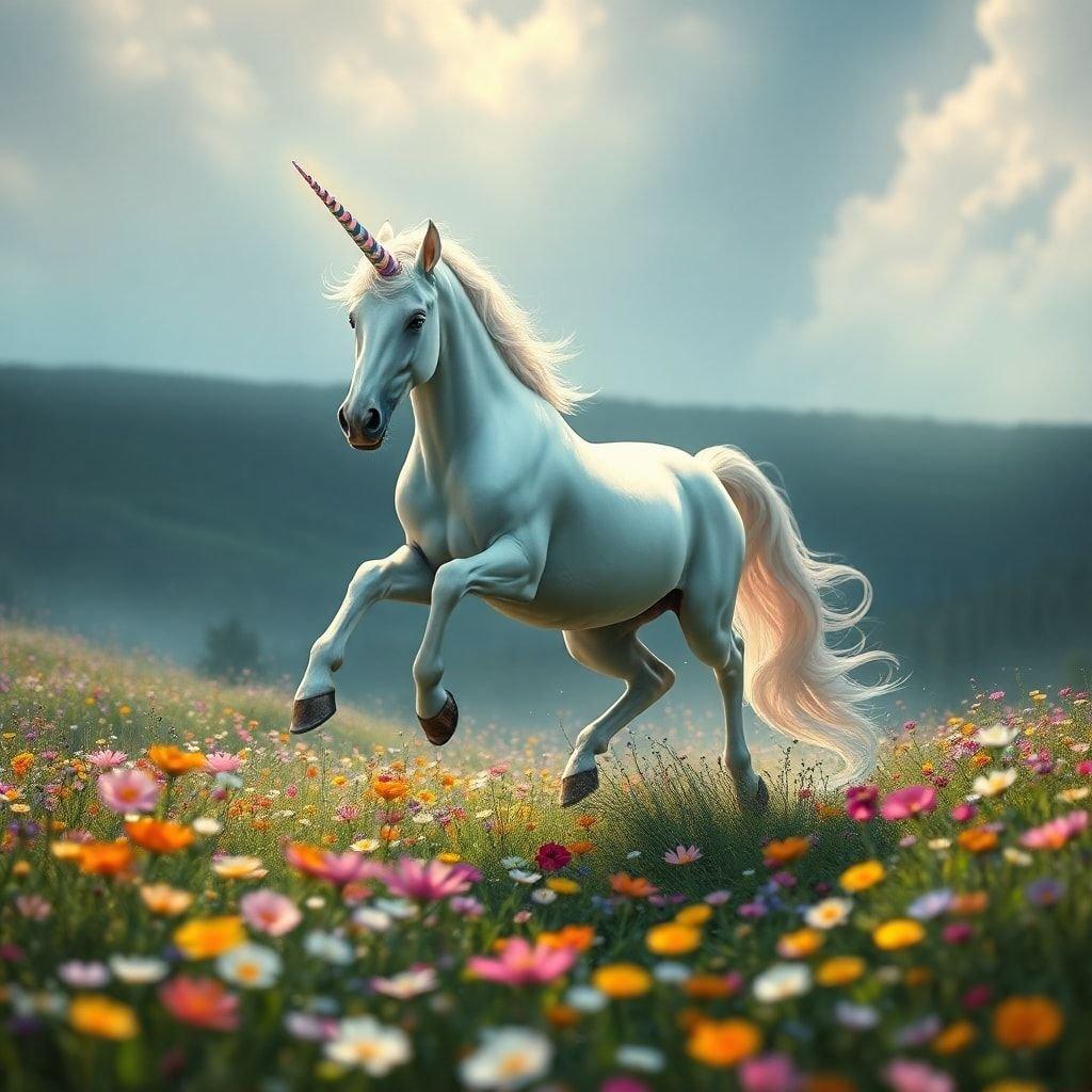 In the heart of a field blooming with flowers, a majestic unicorn gallops towards the horizon. This magical creature adds an enchanting touch to any desktop wallpaper.