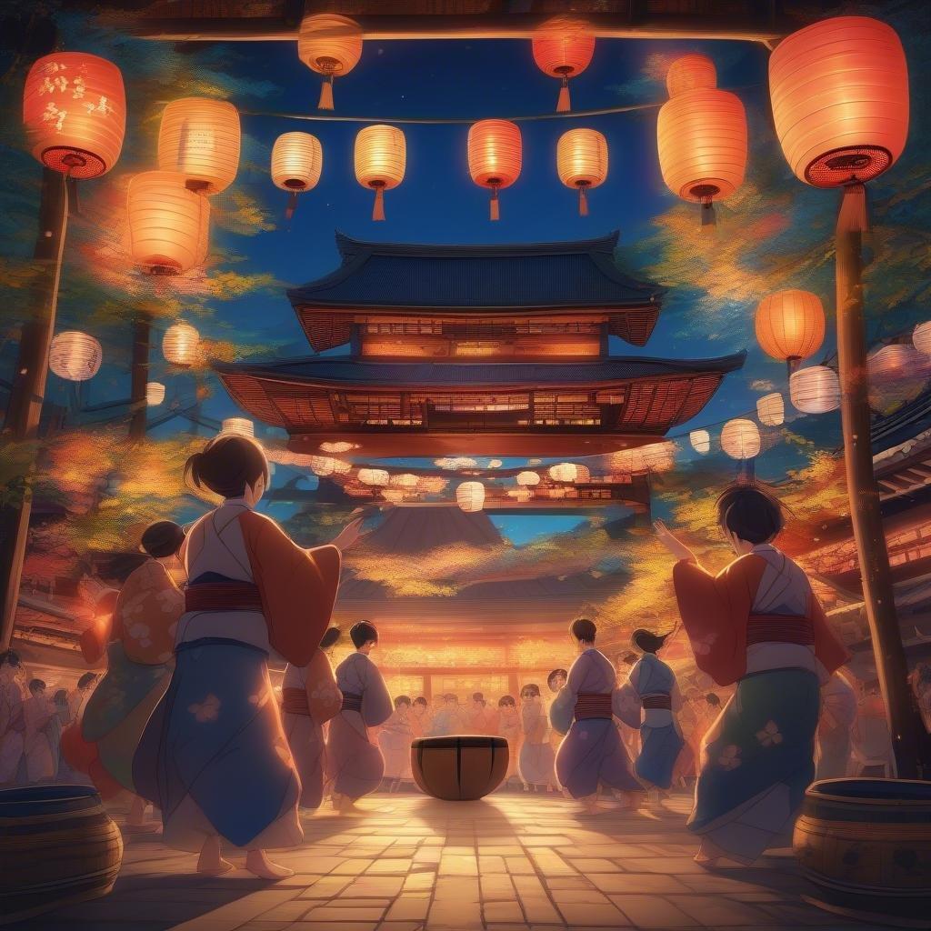 Uma cena noturna animada que captura o espírito de um festival japonês tradicional, onde as pessoas dançam ao redor de um enorme tambor taiko vestindo quimonos coloridos e carregando lanternas.